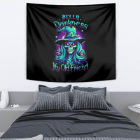 Black wall tapestry with teal-purple witch skull graphic and 'My Old Friend' text