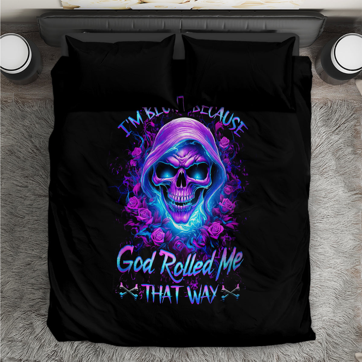 Black duvet cover with centered purple neon skull and rose artwork, two pillowcases