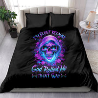 Black bedding set with purple neon skull and rose graphic, two matching pillowcases