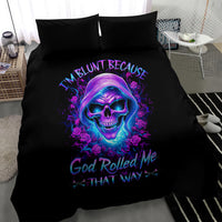Black bedding set showing purple neon skull with roses and bold lettering, two pillowcases
