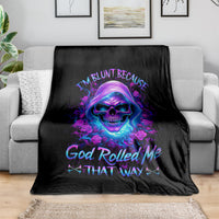Black skull rose graphic throw blanket with bright purple and blue text