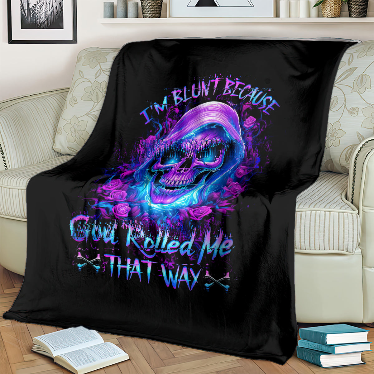 Black skull-and-roses throw blanket with purple-blue skull graphic and neon lettering