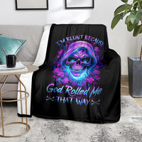 Black throw blanket featuring vivid skull, roses, and bright neon text