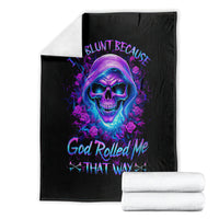 Black skull rose throw blanket with purple-blue skull graphic and neon lettering