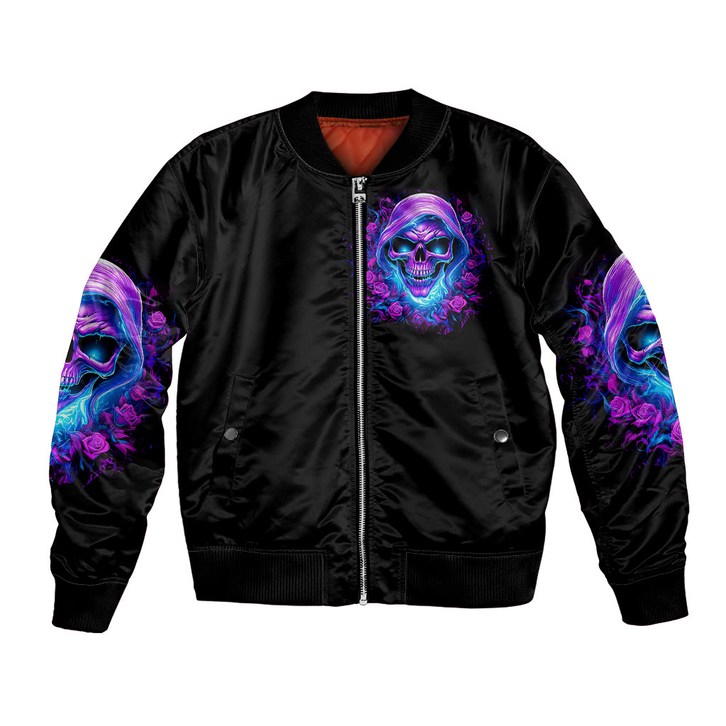 Black unisex bomber jacket with front zip and skull-and-rose chest graphic, ribbed hem