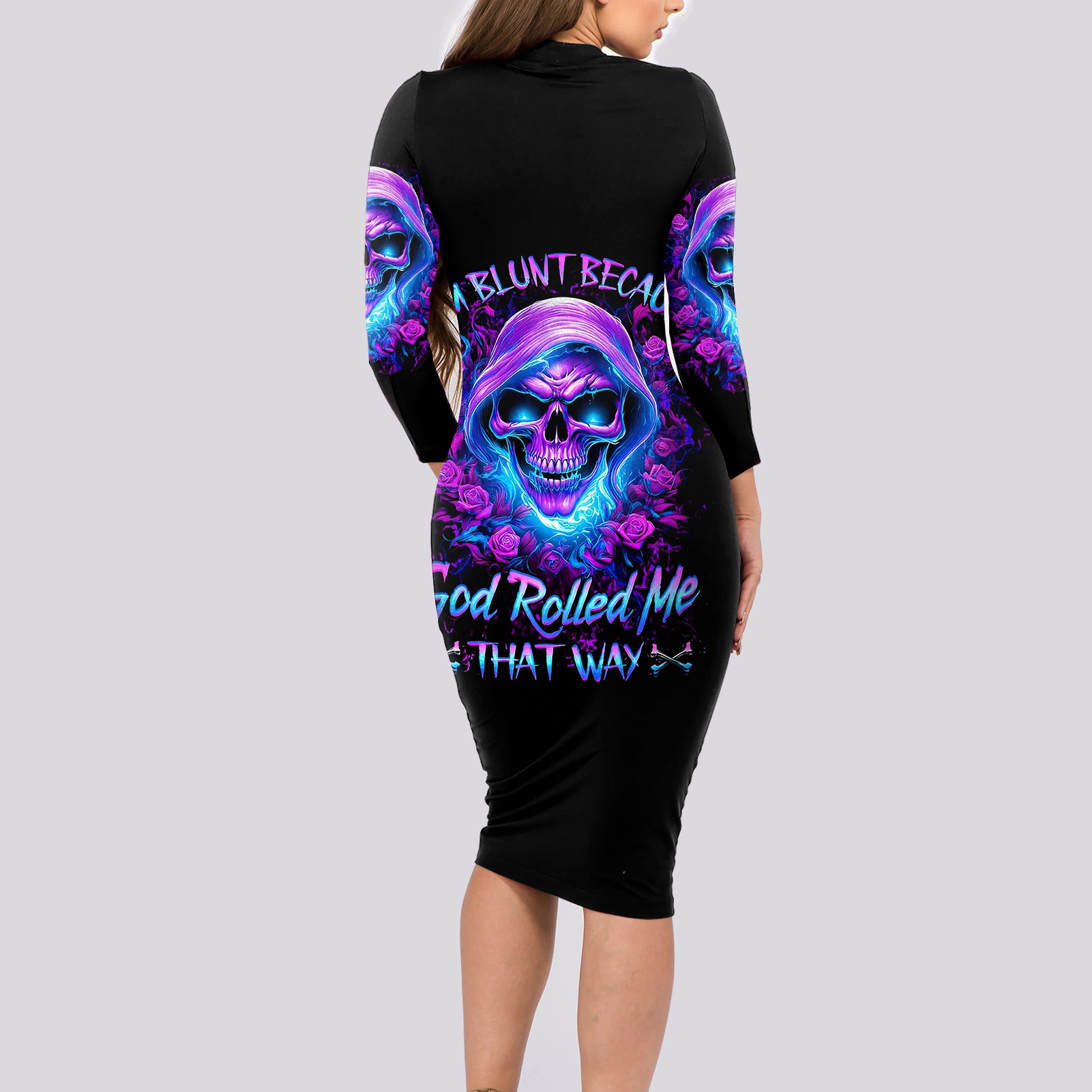 Rose Skull Long Sleeve Bodycon Dress I'm Blunt Because God Rolled Me That Way - Wonder Print Shop