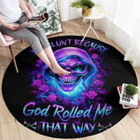 Black round carpet with neon skull and roses, 'That Way' slogan in purple-blue