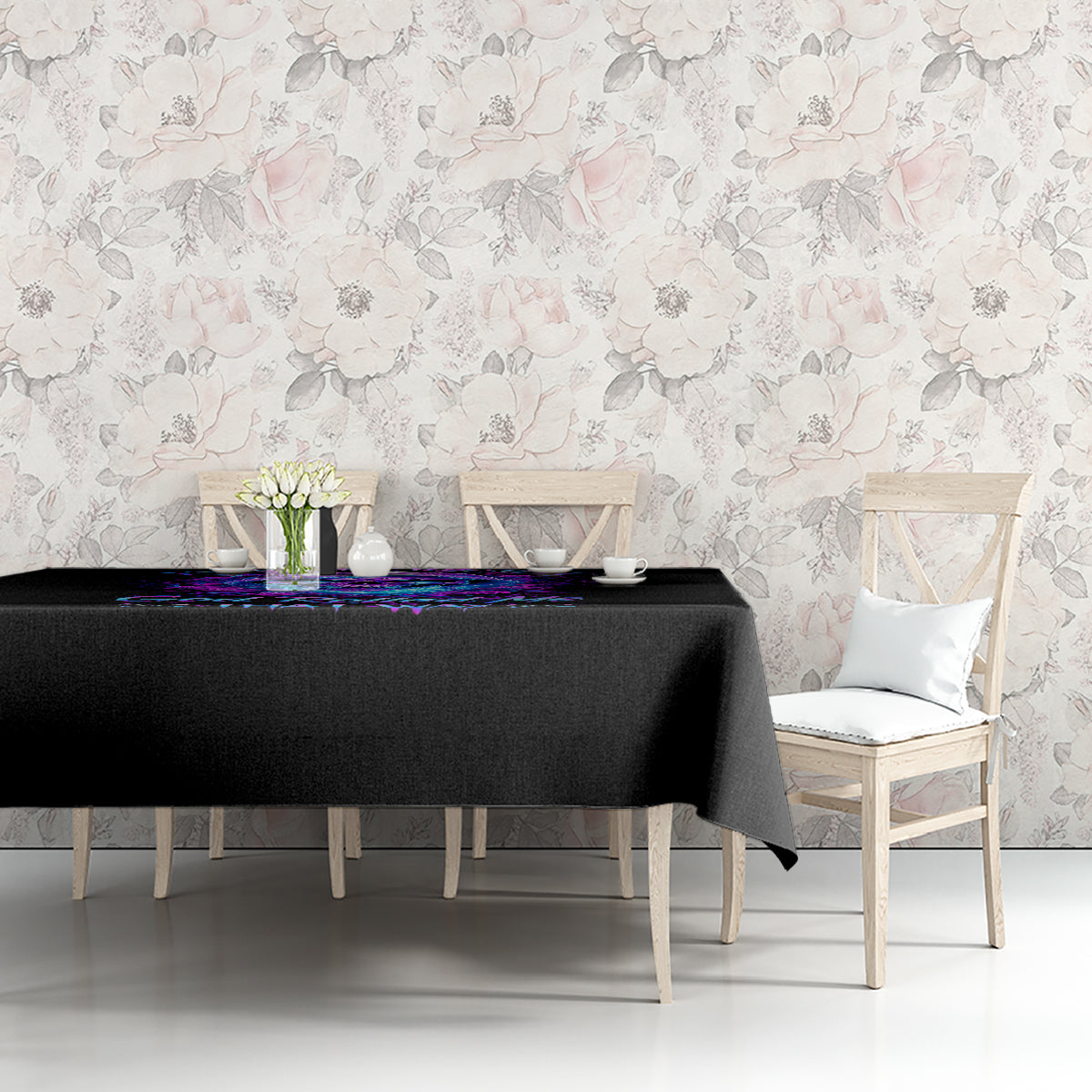 Black tablecloth with purple neon graphic and corner drape on dining set
