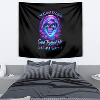 Black tapestry wall hanging with neon blue/purple skull and rose-floral graphic