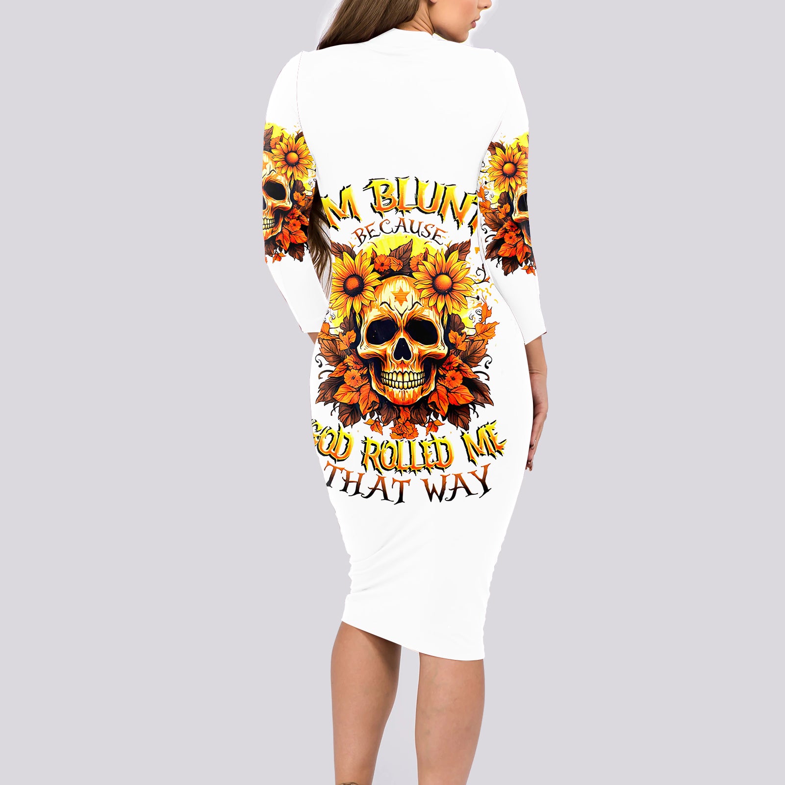 Sunflower Skull Long Sleeve Bodycon Dress Sunflower I'm Blunt Because God Rolled Me That Way - Wonder Print Shop