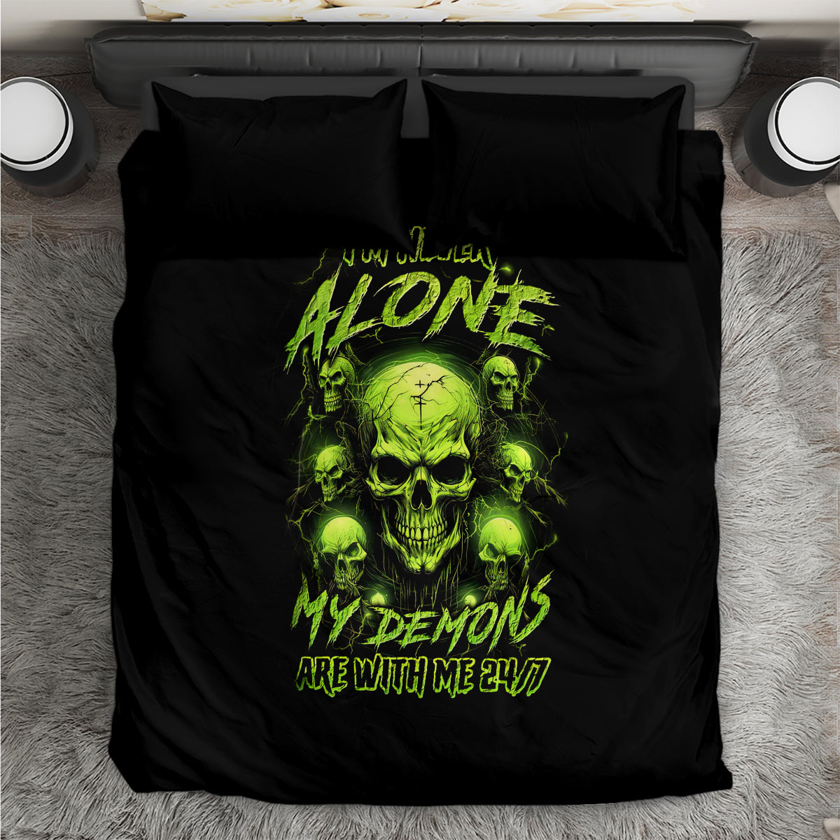 Black duvet bedding set with neon green skull artwork and two matching pillow shams