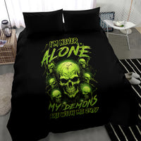 Black bedding set with neon green skull and text print on comforter, two pillowcases