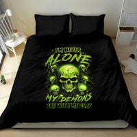 Black bedding set featuring neon green skull comforter with two pillows and graphic text