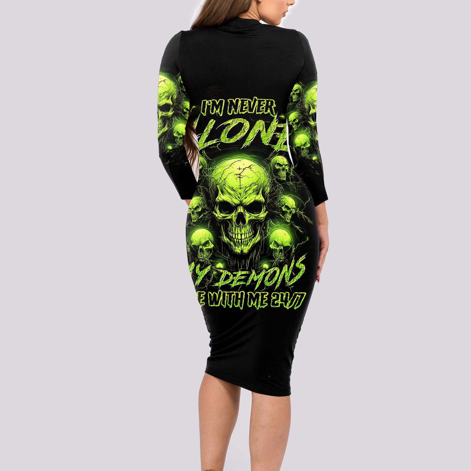 Thunder Skull Long Sleeve Bodycon Dress Thunder Skull I Never Alone My Demon With Me 24/7 - Wonder Print Shop