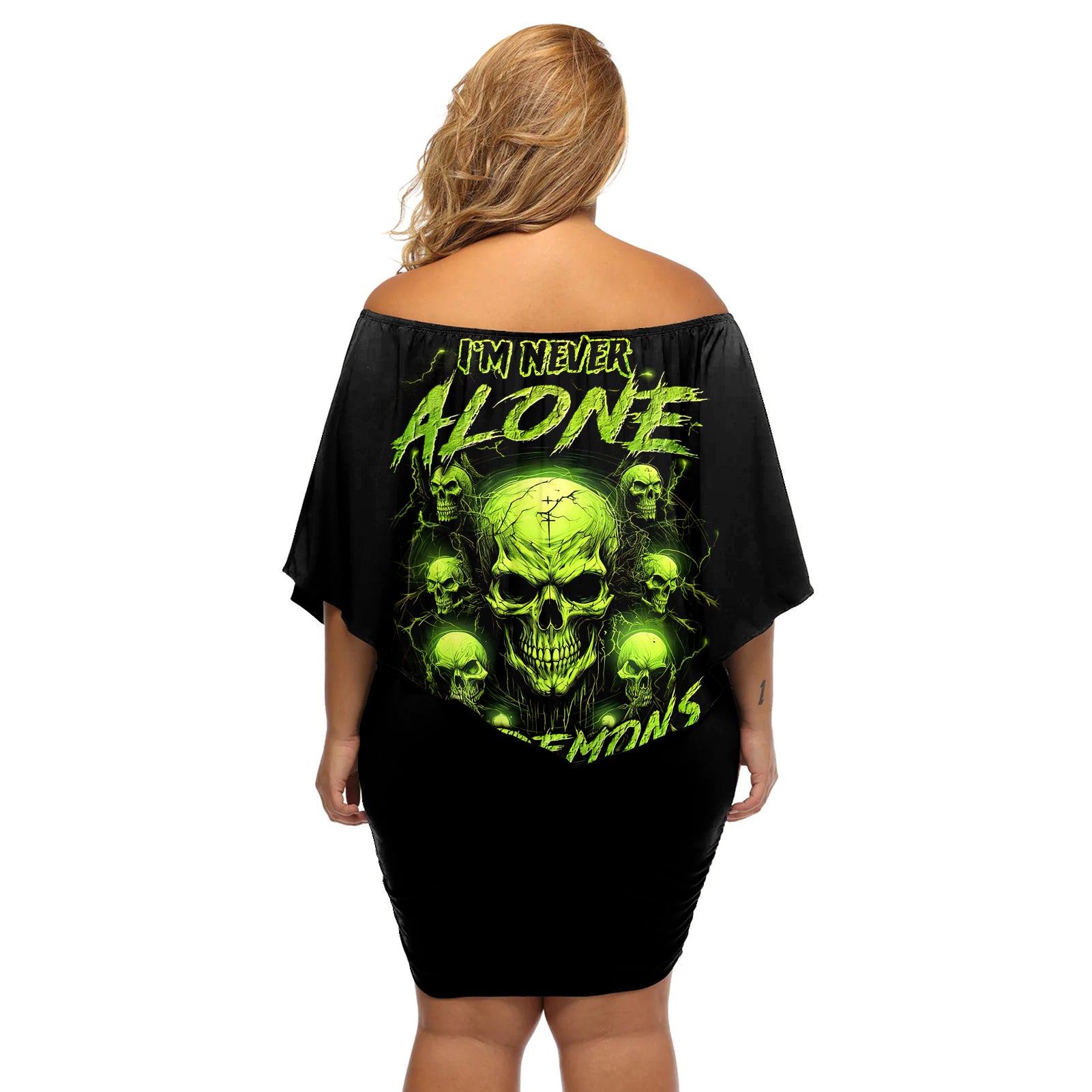 Thunder Skull Off Shoulder Short Dress Thunder Skull I Never Alone My Demon With Me 24/7 - Wonder Print Shop