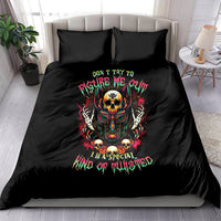 Black duvet cover bedding set with colorful skull face graphic and bold text