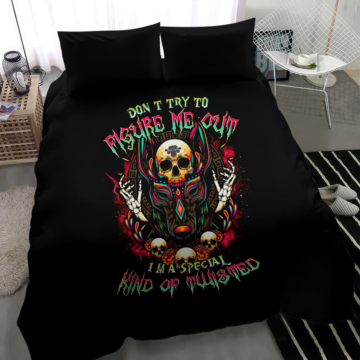 Black duvet cover bedding set featuring multicolor skull print and decorative lettering