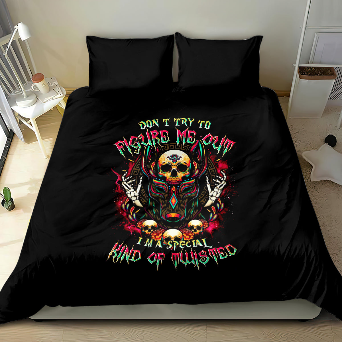 Black duvet cover bedding set with colorful skull face graphic centered on bed