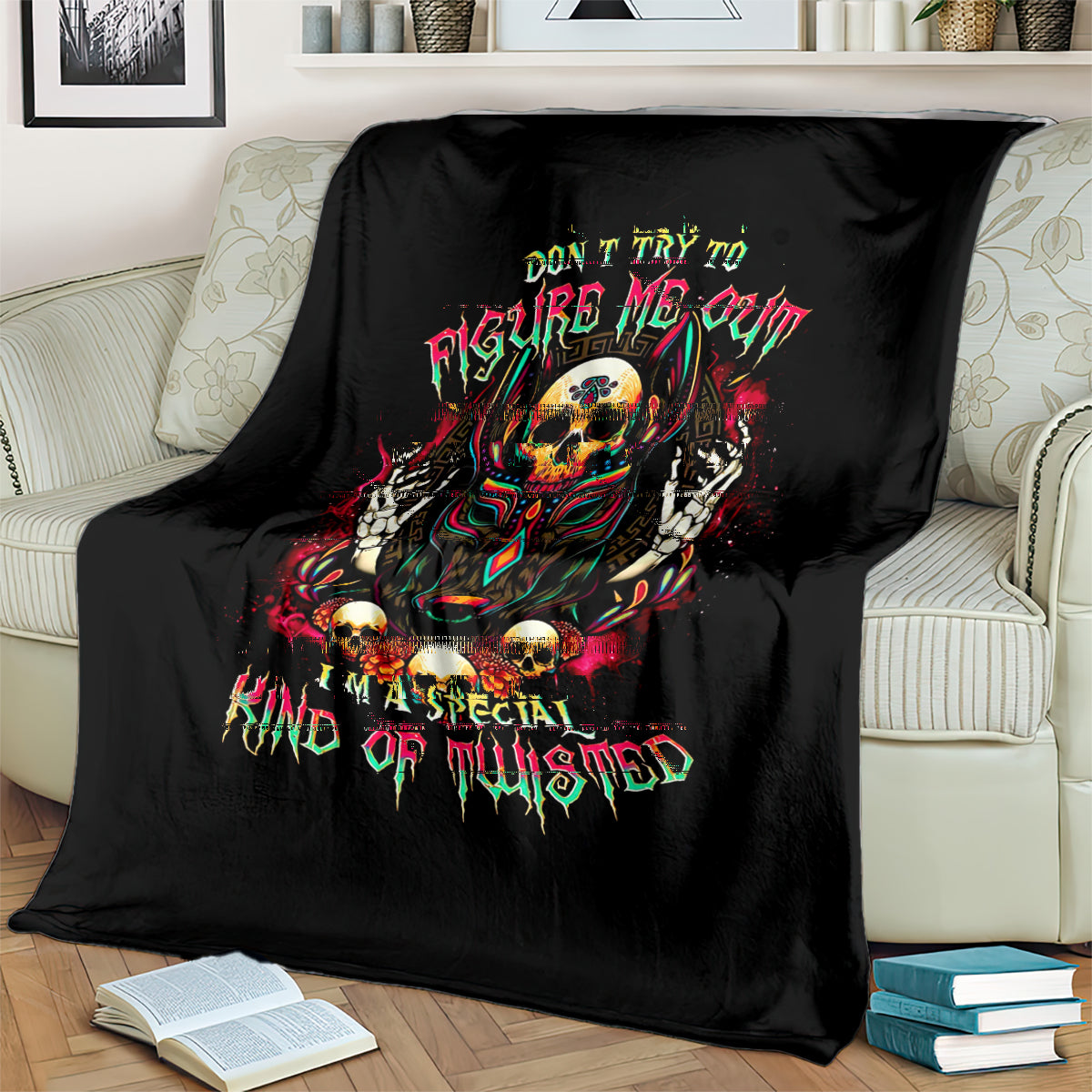 Black skull graphic blanket with hooded skull, glowing accents, and neon lettering