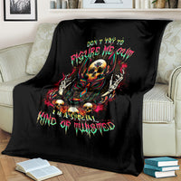 Black skull graphic blanket with hooded skull, glowing accents, and neon lettering
