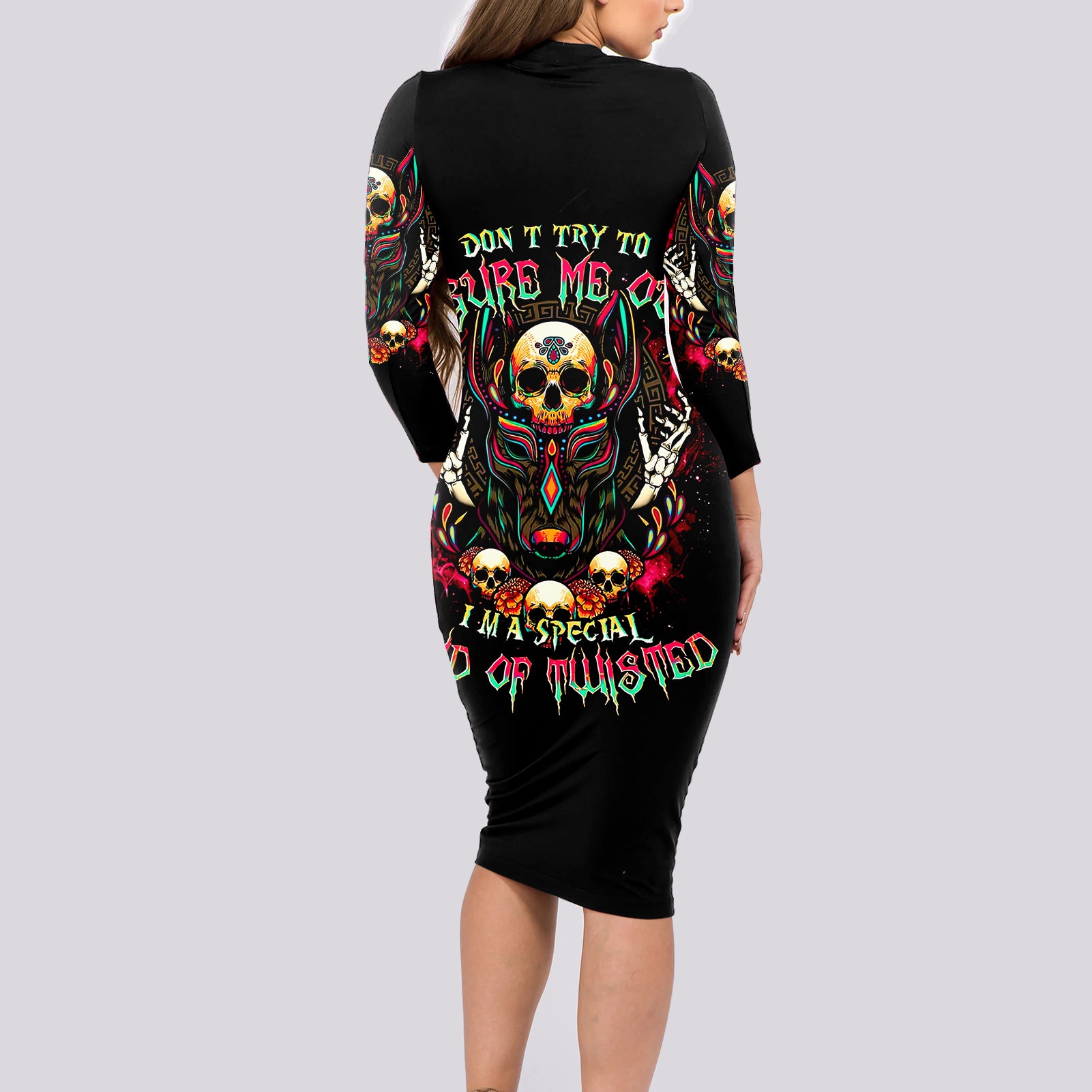 Anubis Skull Long Sleeve Bodycon Dress Skull Anubis Don't Try To Figured Me Out - Wonder Print Shop