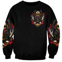 Black unisex sweatshirt with small centered skull Anubis graphic, long sleeves
