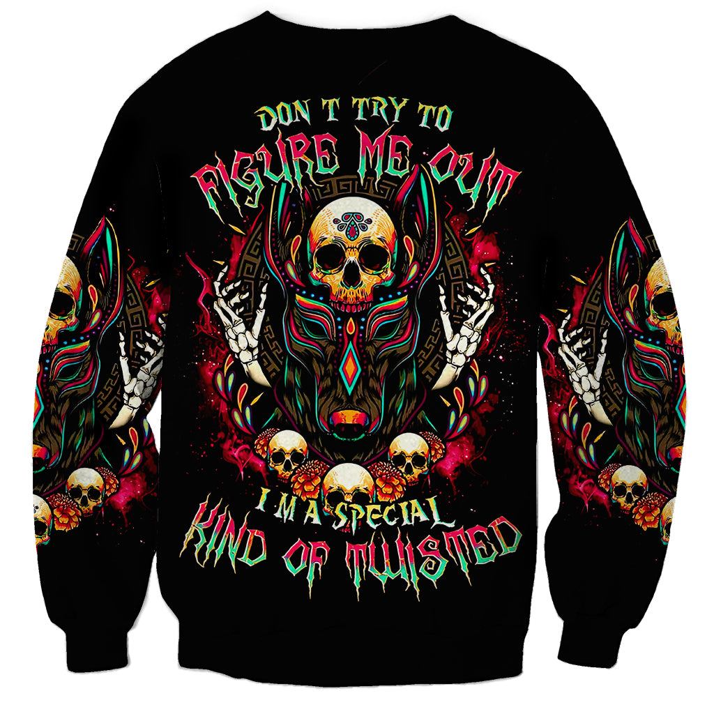 Black unisex sweatshirt with colorful Anubis skull front graphic and long sleeves