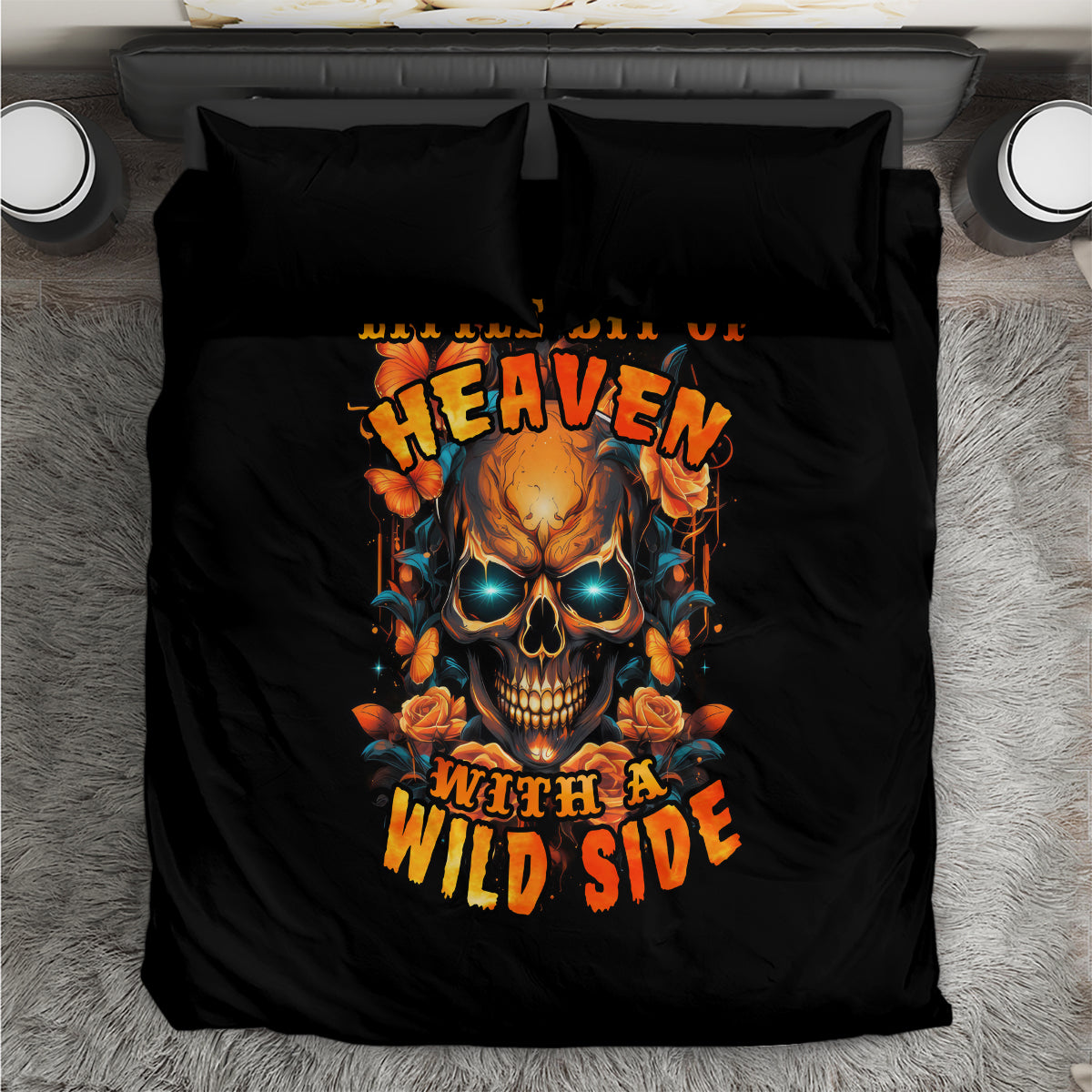 Black bedding set with centered skull graphic, 'Heaven' and 'Wild Side' text