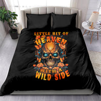 Black bedding set with skull and roses graphic, 'Little Bit of Heaven' text