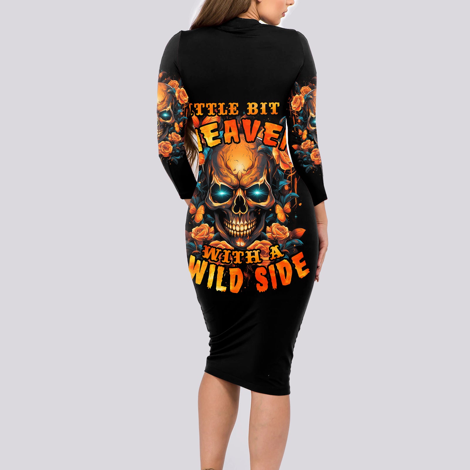 Flower Skull Long Sleeve Bodycon Dress Litte Bit Of Heaven With A Wild Side - Wonder Print Shop