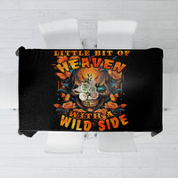 Black tablecloth with orange skull, roses, and wild side graphic lettering