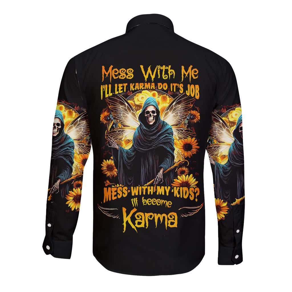 Fairy Death Skull Long Sleeve Button Shirt Mess With Me I'll Let Karma Do It's Job - Wonder Print Shop