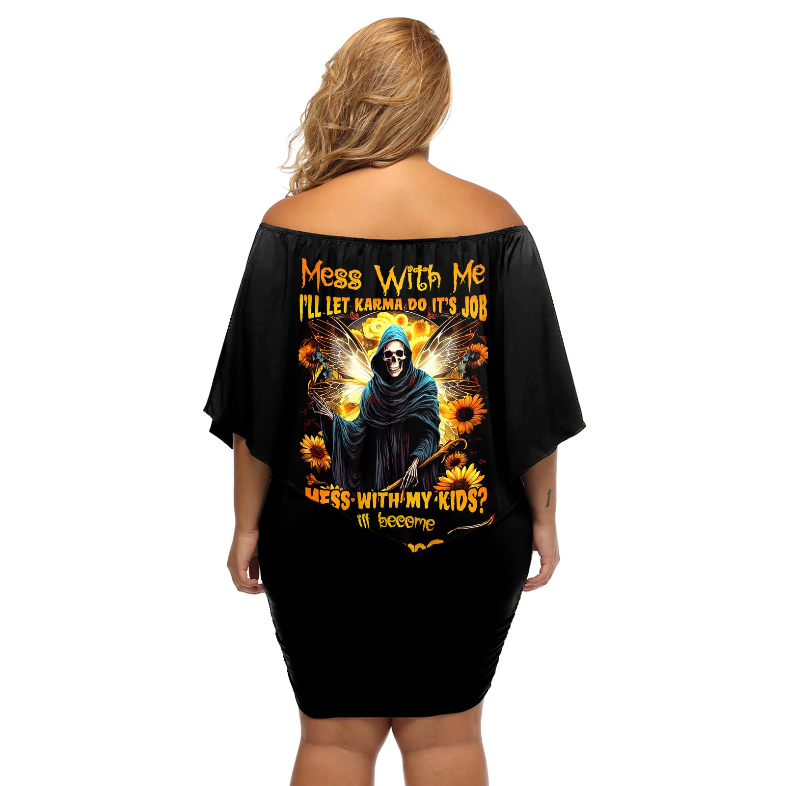 Fairy Death Skull Off Shoulder Short Dress Mess With Me I'll Let Karma Do It's Job - Wonder Print Shop