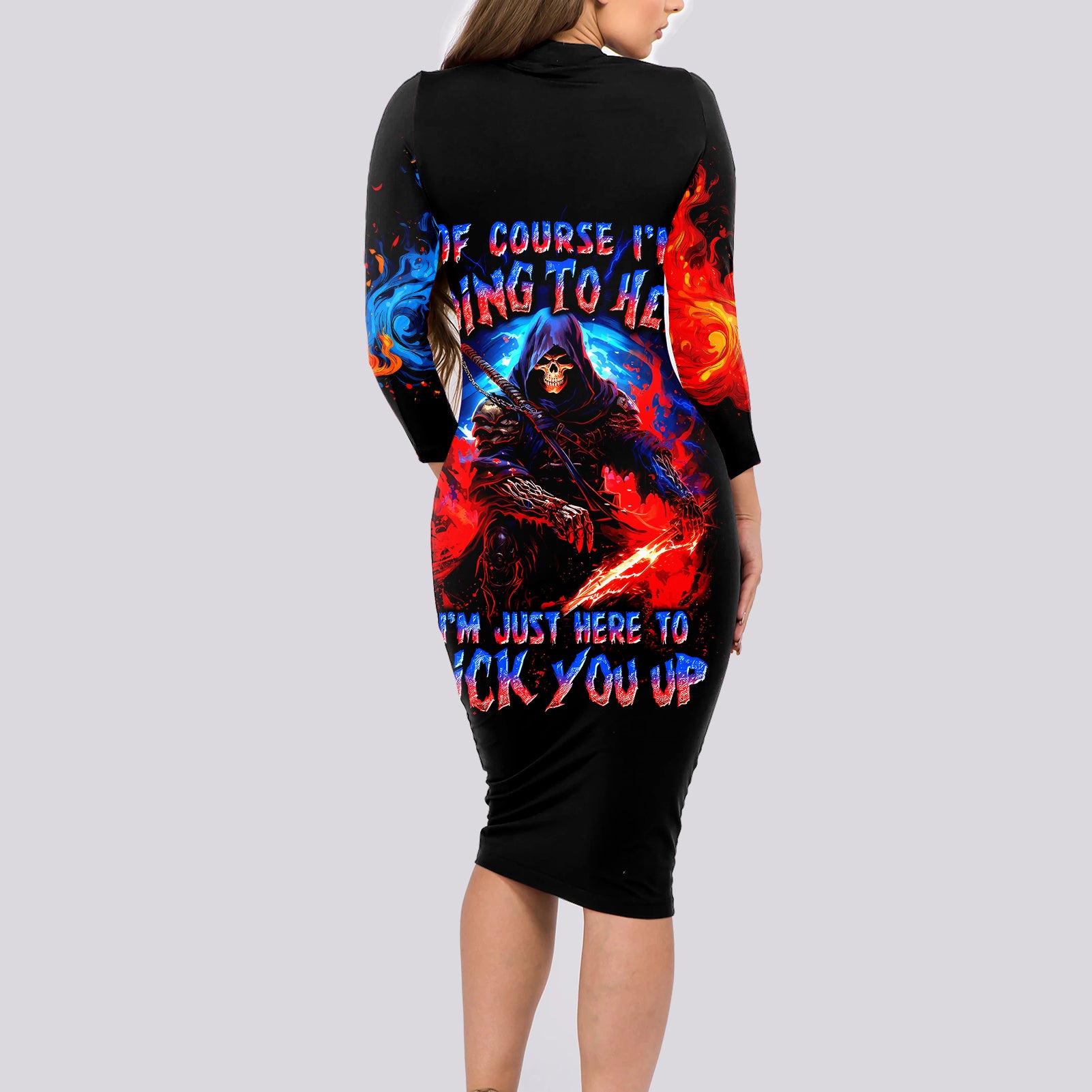 Death Skull Long Sleeve Bodycon Dress Of Course I'm Going To Hell - Wonder Print Shop