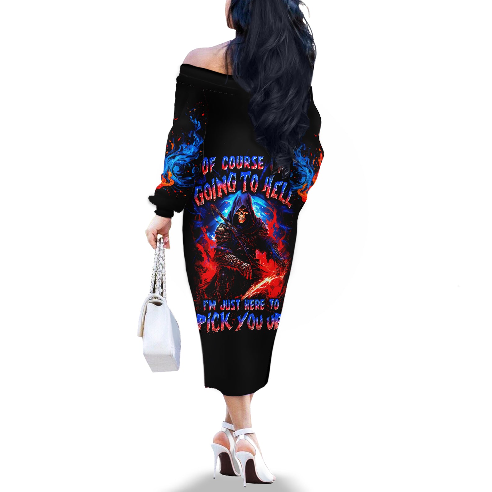 Death Skull Off The Shoulder Long Sleeve Dress Of Course I'm Going To Hell - Wonder Print Shop