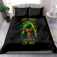 Black duvet bedding set with neon green skull and text, includes two pillowcases