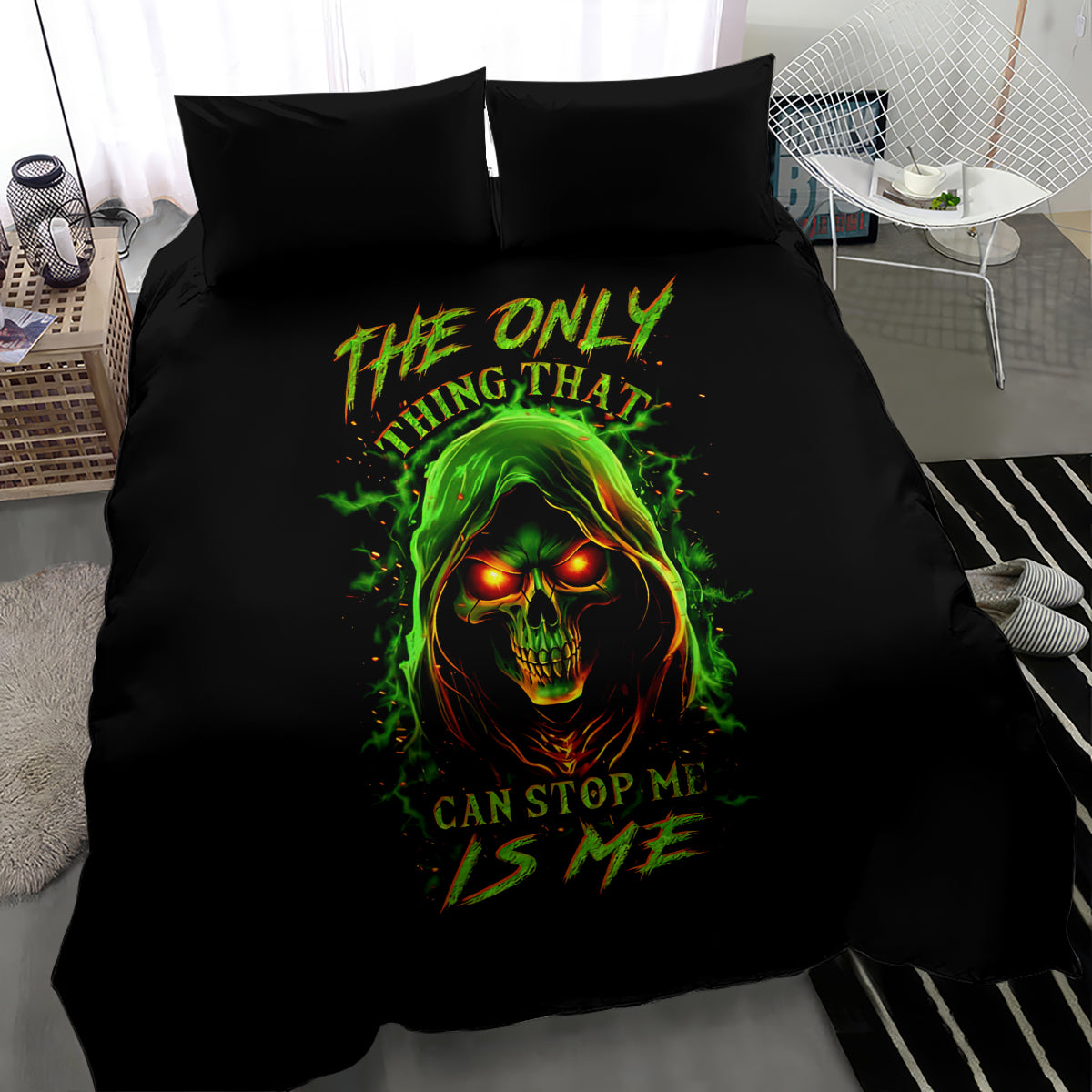 Black bedding set with neon green skull artwork on duvet and two matching black pillowcases