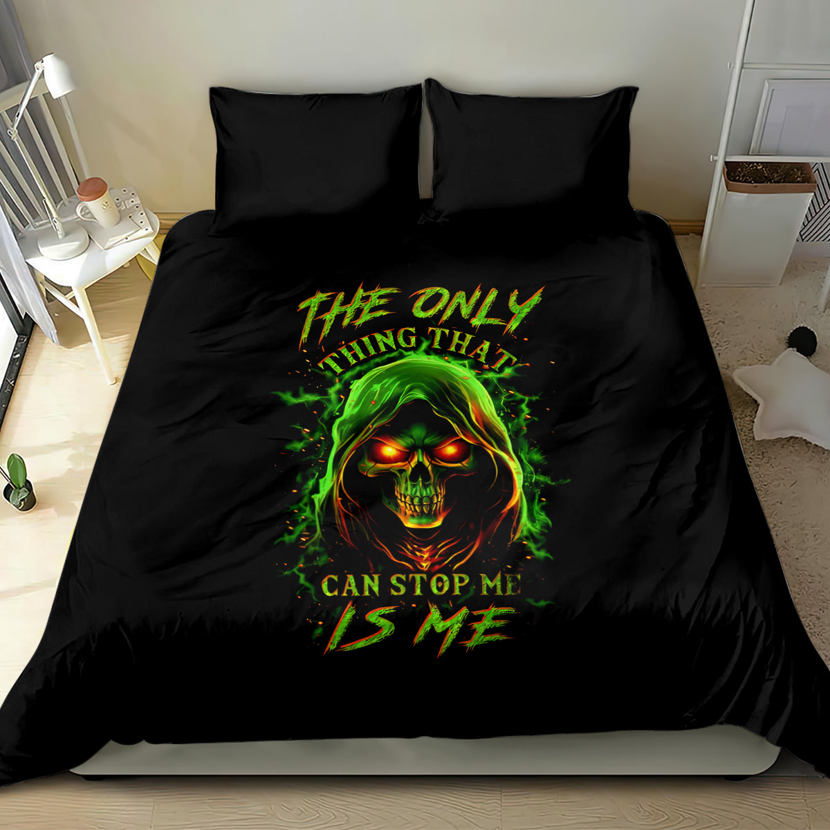 Black duvet set with glowing neon green hooded skull graphic and slogan text, two pillows