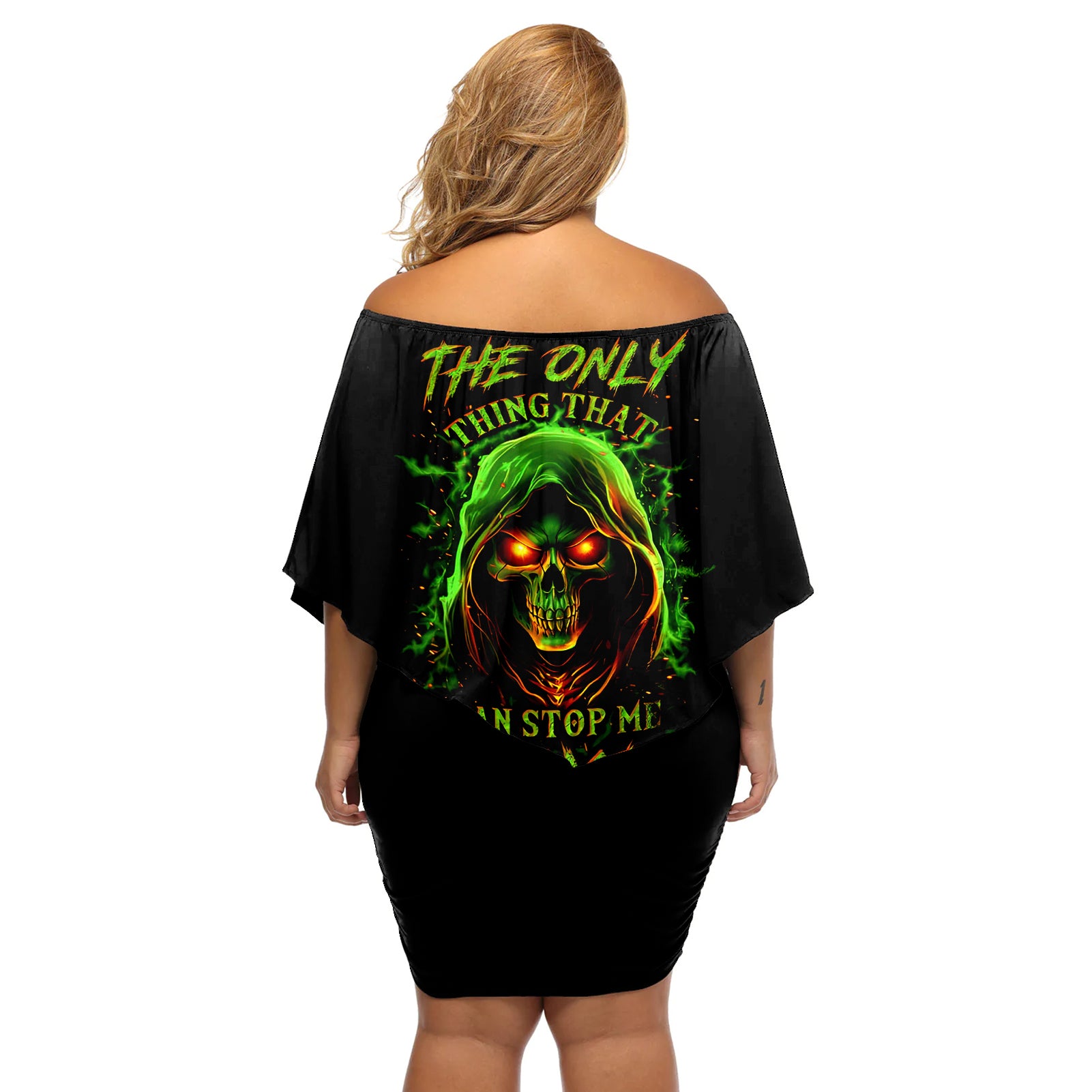 Fire Death Skull Off Shoulder Short Dress The Only Thing That Can Stop Is Me - Wonder Print Shop