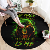Round black carpet with green flaming skull graphic and 'CAN STOP ME' text