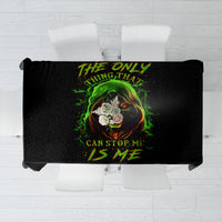 Black rectangular tablecloth flat lay with fiery skull center design