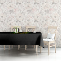 Black tablecloth with fiery skull and flame graphics along the table edge