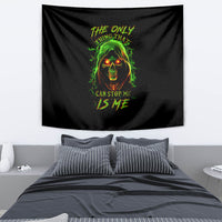 Black tapestry with glowing green skull graphic and “Can stop me, it’s me” text