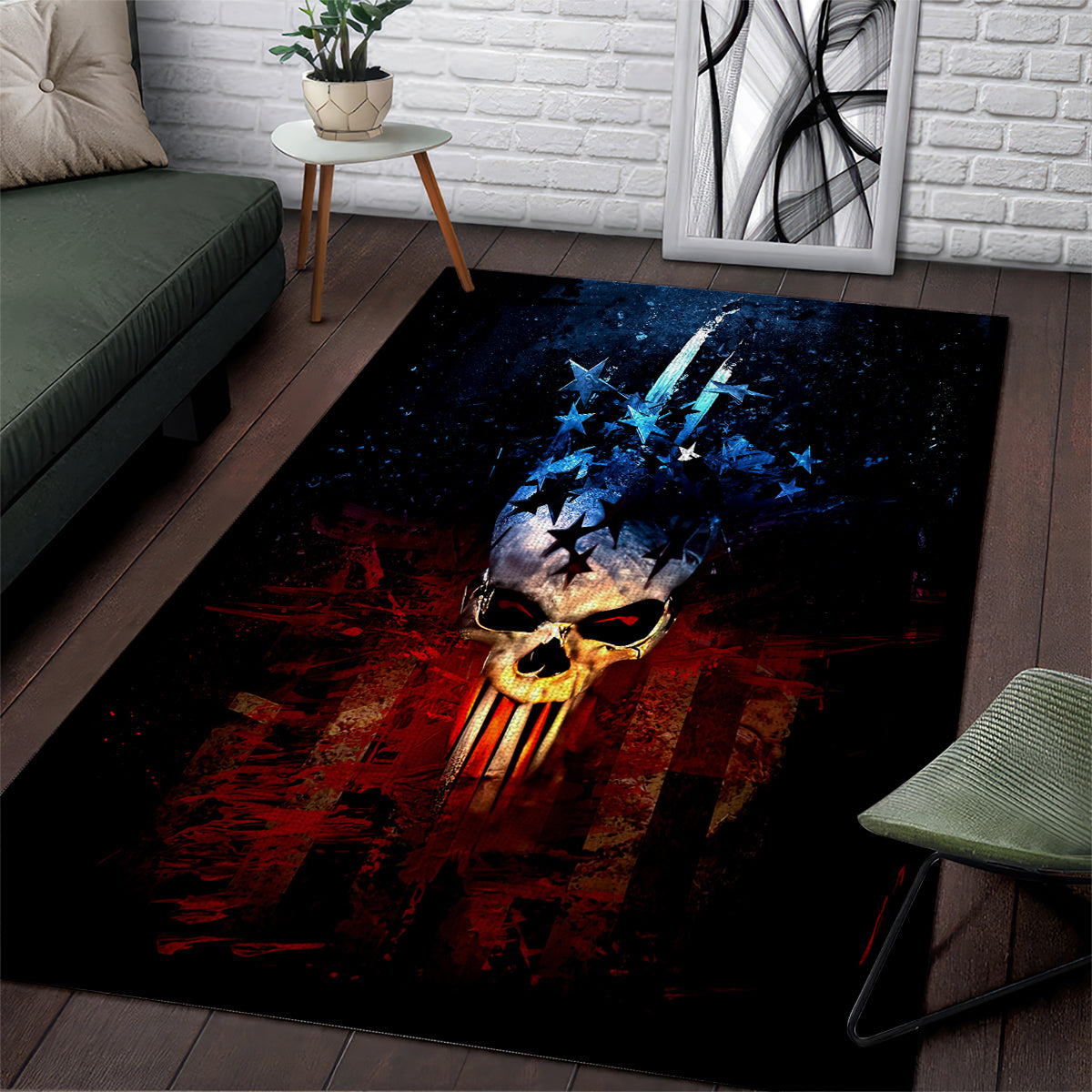 Vintage skull area rug with blue star pattern and patriotic red accents