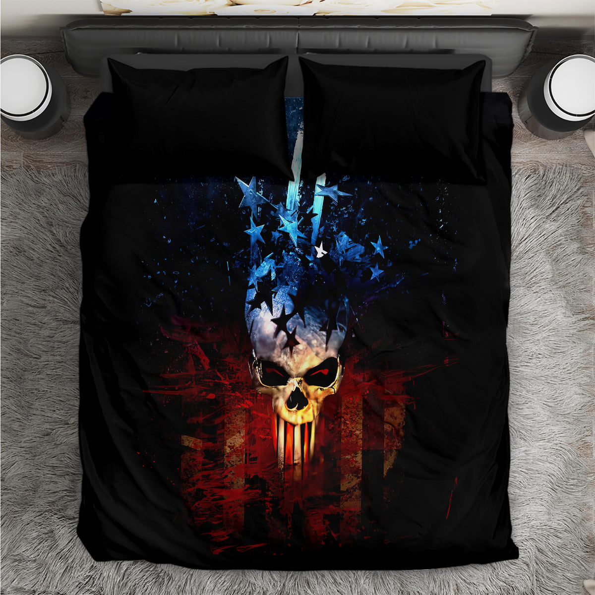 Black skull bedding set with blue star burst graphic and red accents, includes pillowcases