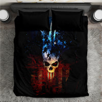 Black skull bedding set with blue star burst graphic and red accents, includes pillowcases