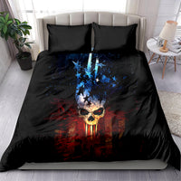 Black skull bedding set with blue starburst artwork and red splatter, on bed with pillows
