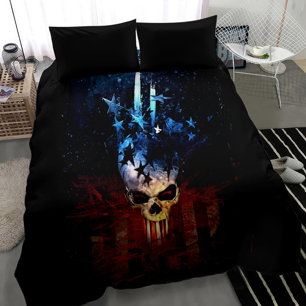 Black duvet with skull face graphic, blue stars and red paint splashes, with two pillowcases
