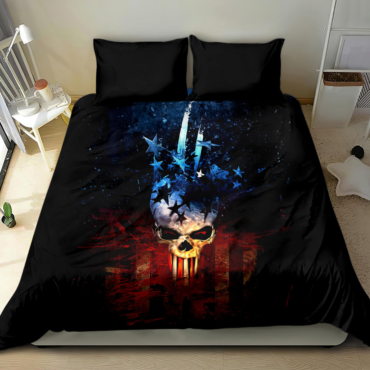 Black skull bedding set featuring blue starburst skull and red drips, displayed on a bed