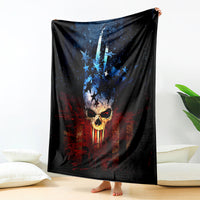 Black skull graphic fleece blanket with blue star motif and red stripes